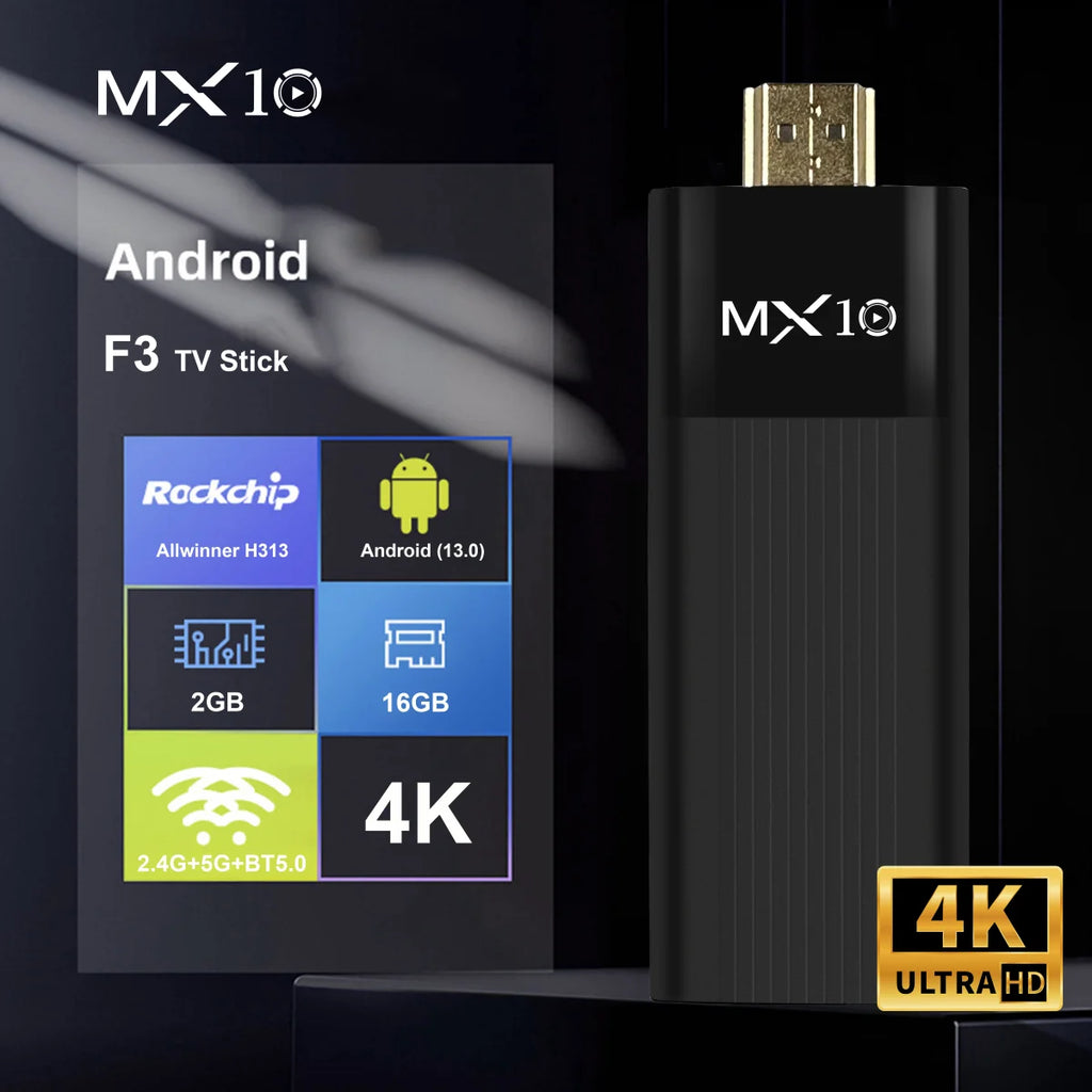 TV Stick Android 4K Ultra HD MX10-F3 | Quad Core H313 | WiFi Dual Banda 2.4/5G | 2GB RAM 16GB ROM