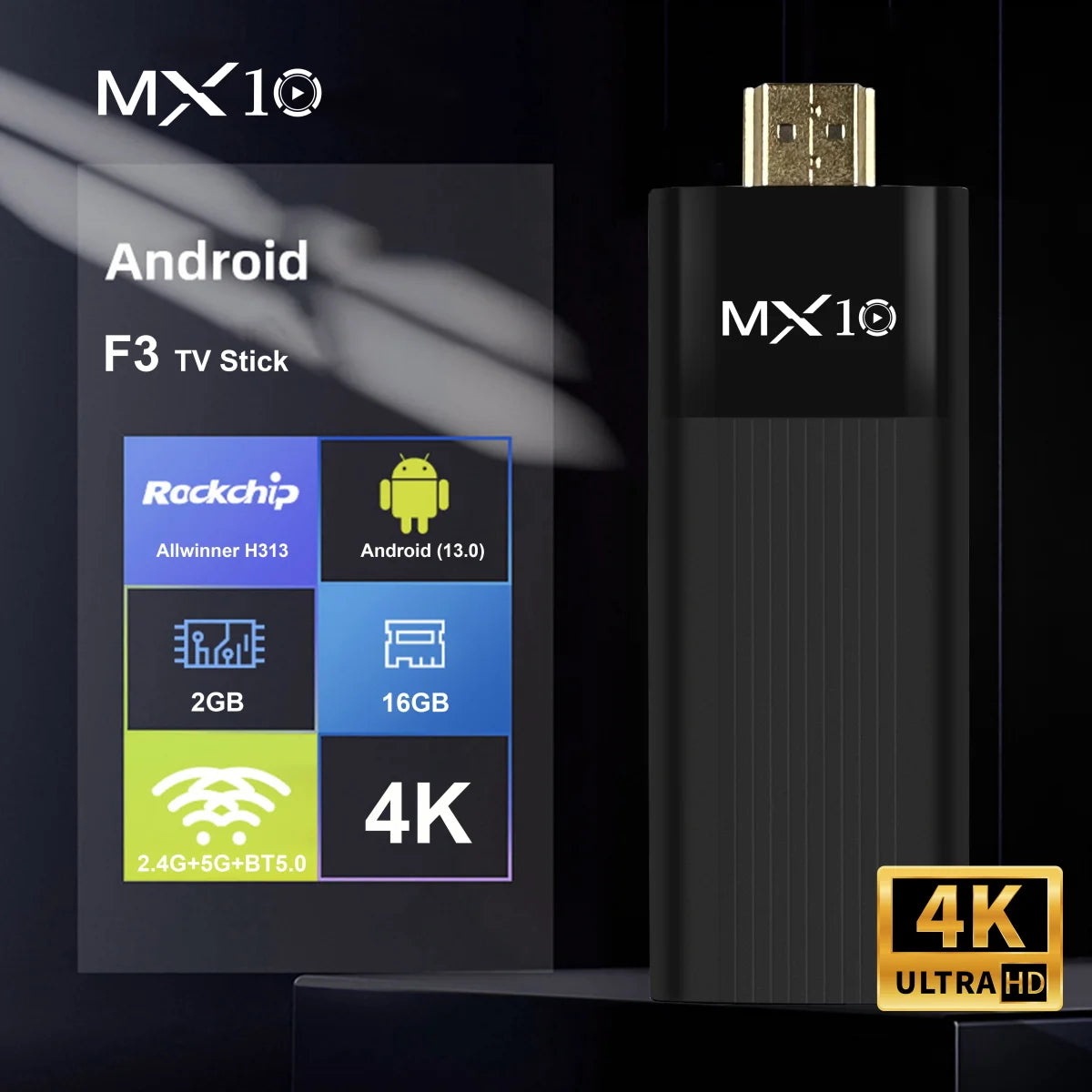 TV Stick Android 4K Ultra HD MX10-F3 | Quad Core H313 | WiFi Dual Banda 2.4/5G | 2GB RAM 16GB ROM