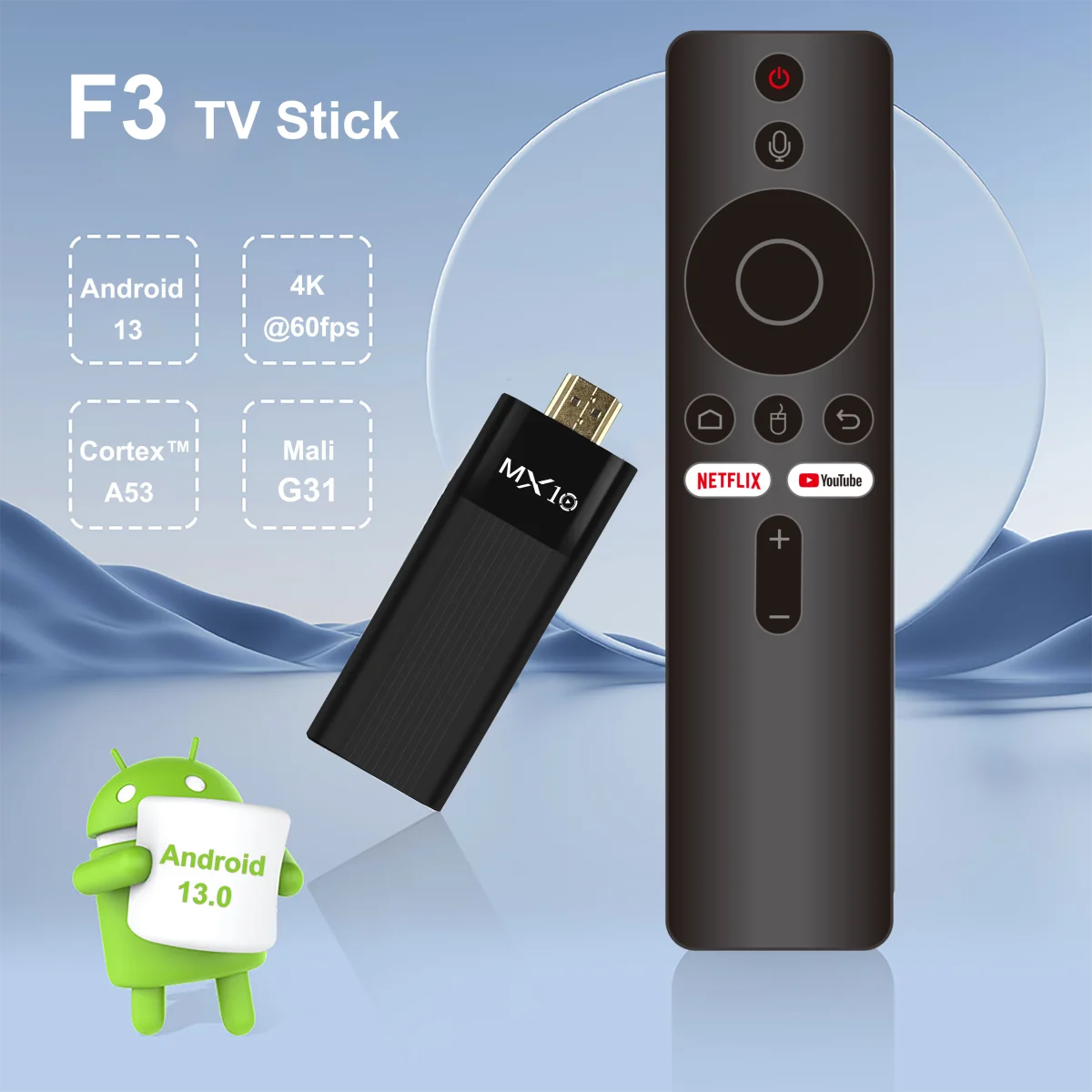 TV Stick Android 4K Ultra HD MX10-F3 | Quad Core H313 | WiFi Dual Banda 2.4/5G | 2GB RAM 16GB ROM