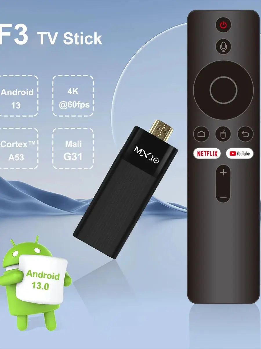TV Stick Android 4K Ultra HD MX10-F3 | Quad Core H313 | WiFi Dual Banda 2.4/5G | 2GB RAM 16GB ROM
