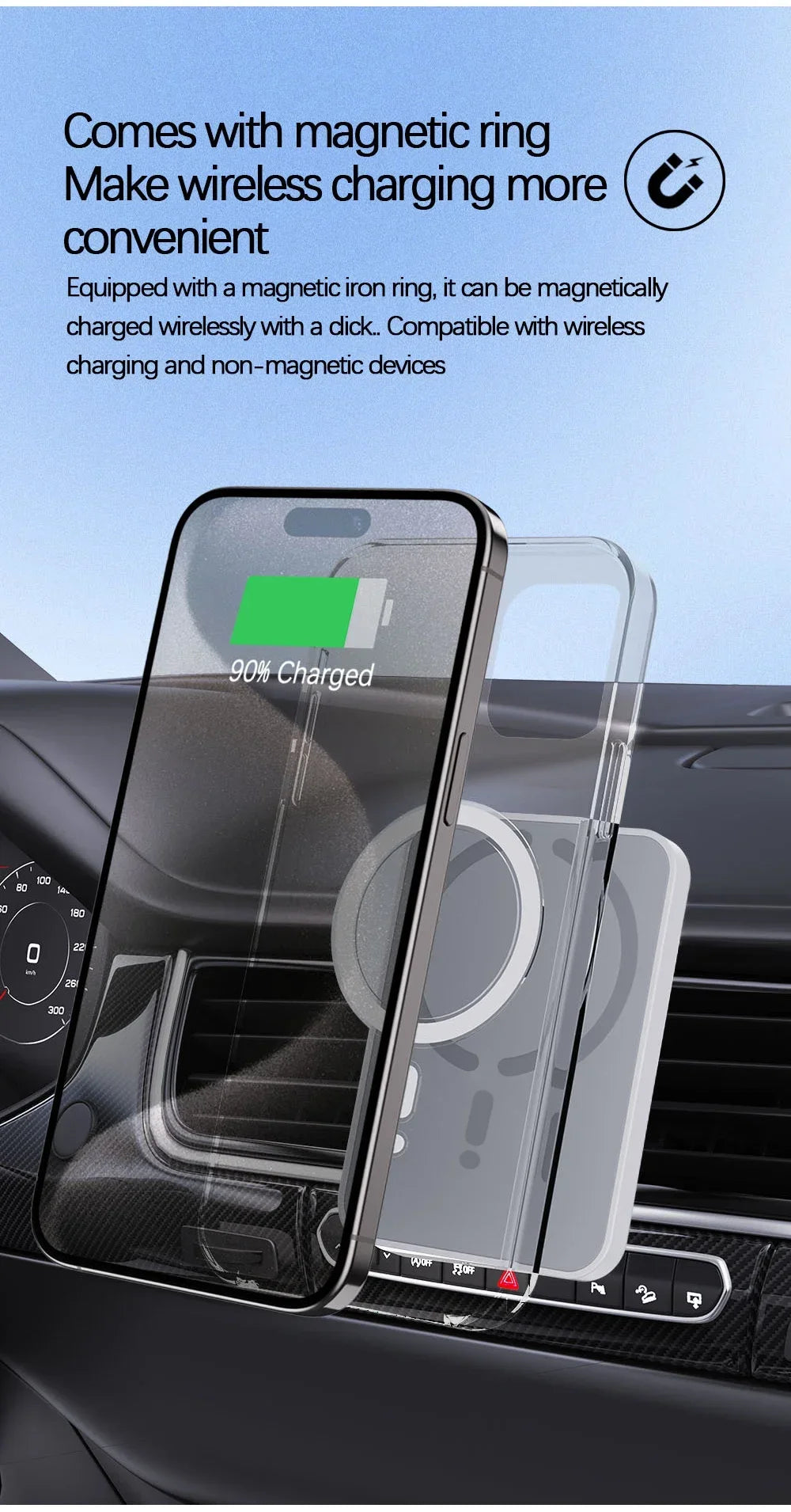 Cargador Inalámbrico Magnético para Coche | Soporte para Rejilla | 15W | Compatible iPhone 12-17 y Android
