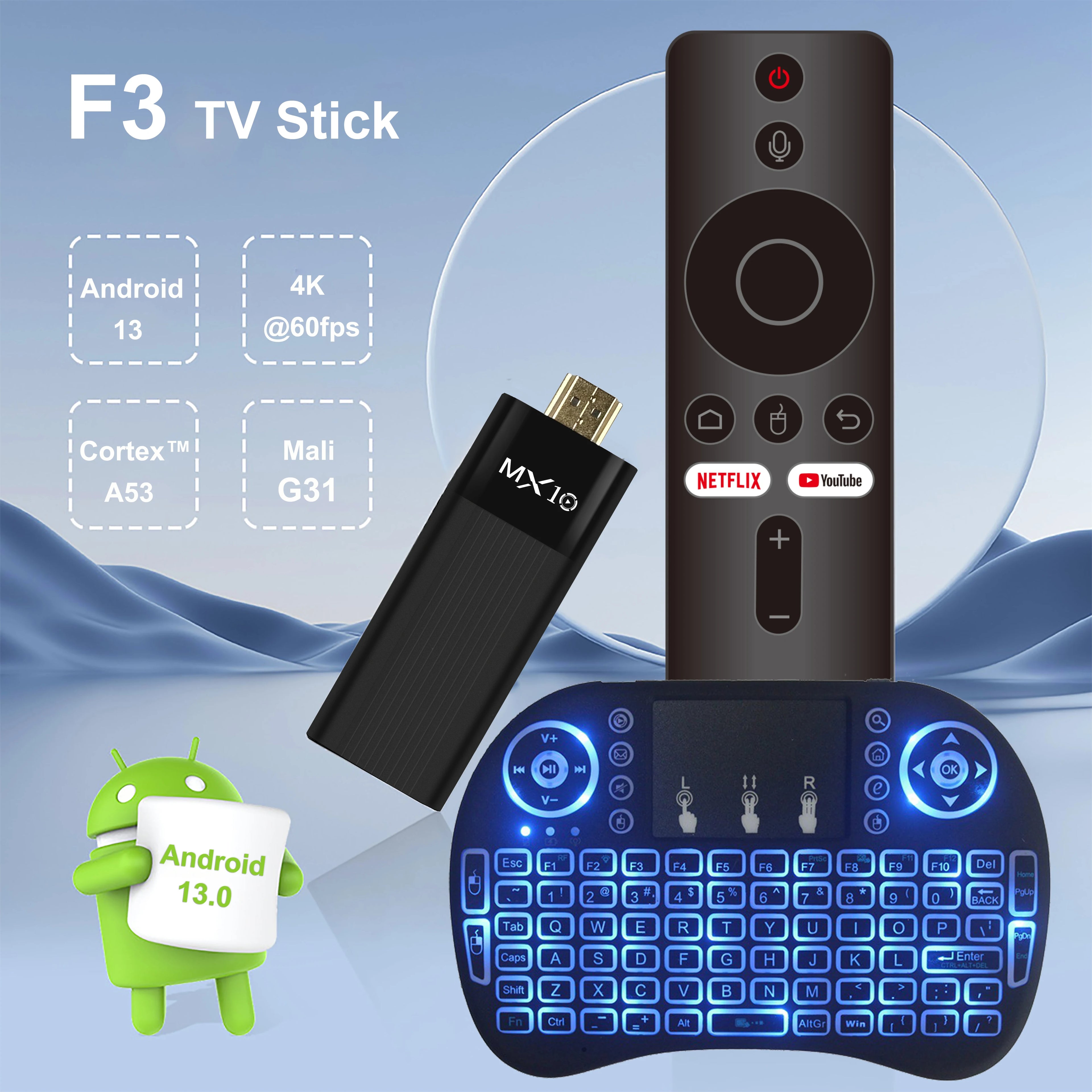 TV Stick Android 4K Ultra HD MX10-F3 | Quad Core H313 | WiFi Dual Banda 2.4/5G | 2GB RAM 16GB ROM
