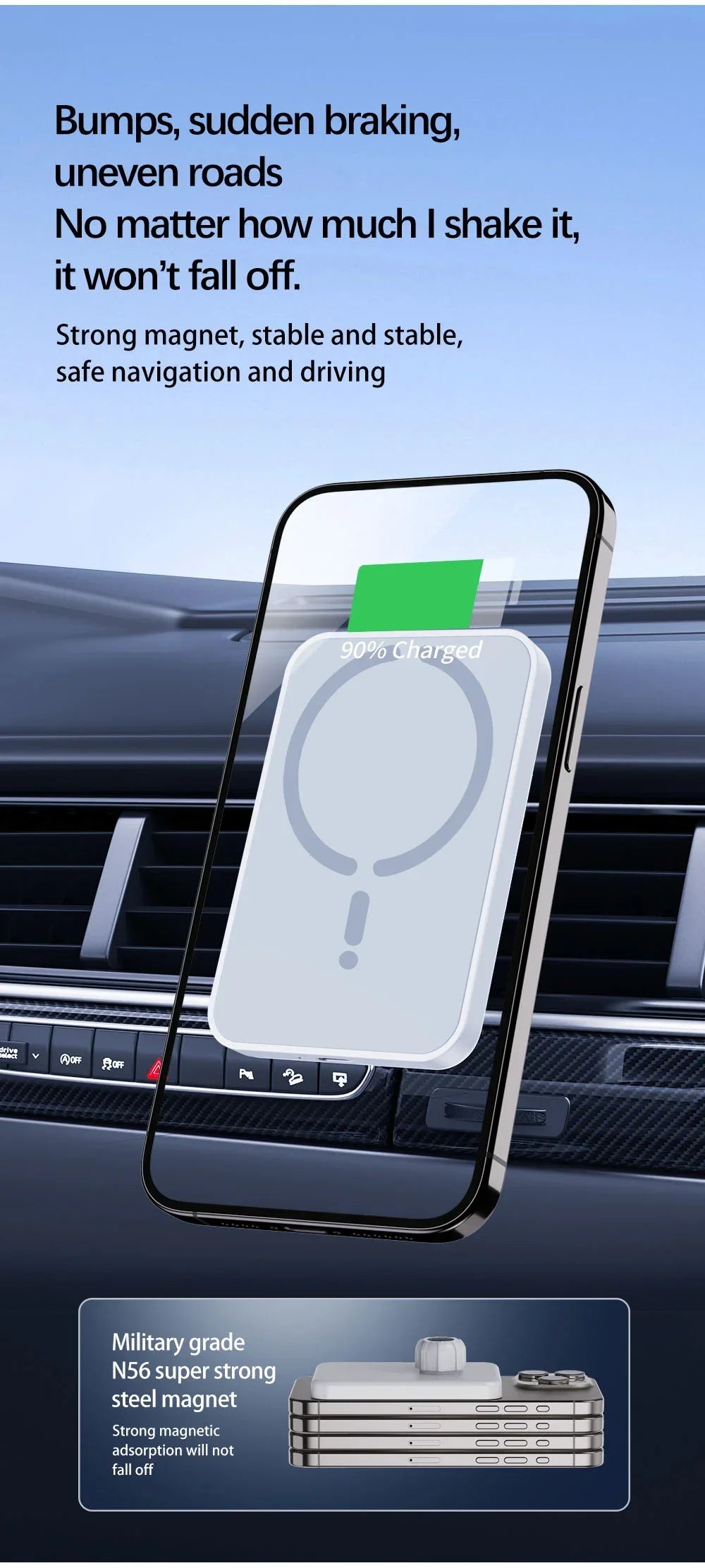 Cargador Inalámbrico Magnético para Coche | Soporte para Rejilla | 15W | Compatible iPhone 12-17 y Android